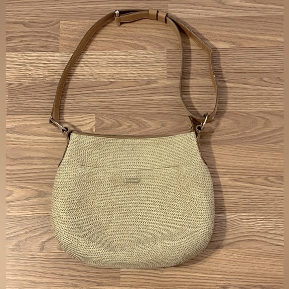 Eric Javits Woven Handbag Tan Leather Tote Shoulder  Bag Zip Adjustable Strap - Picture 1 of 14